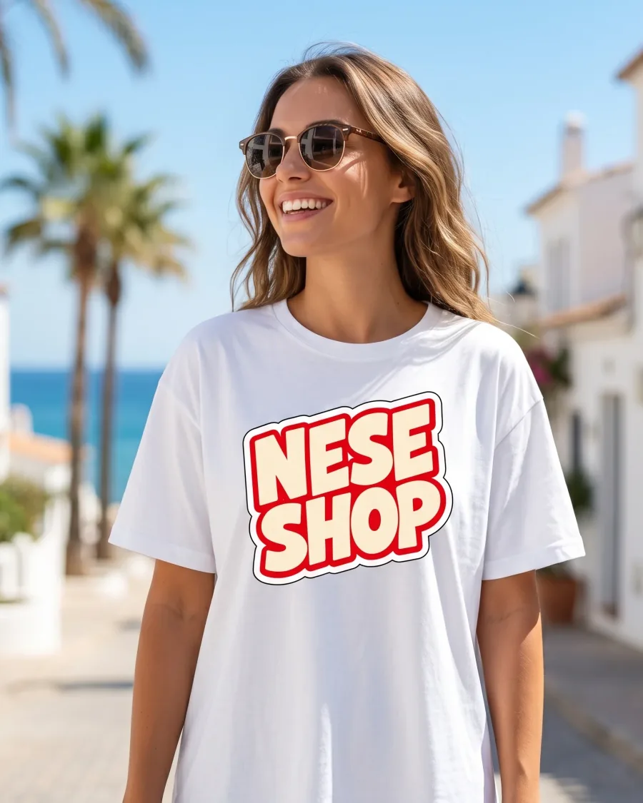 Neşe Shop baskılı beyaz tişört giyen mutlu müşteri